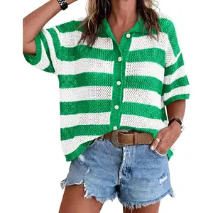Imily Bela Essentials Womens Summer Striped Crochet Cardigan Sweater Half Sleeve Button up Tops Loose Fit Cover Up