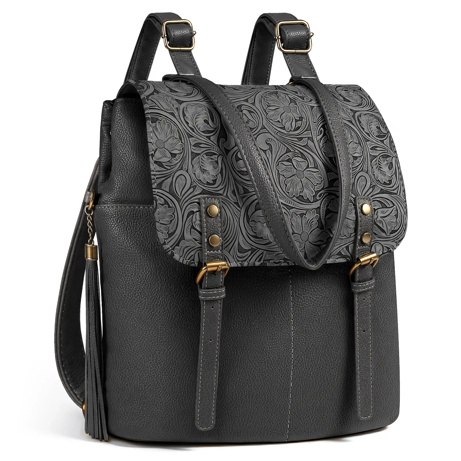 Western Tooled Leather Backpack for Women - Vintage Floral Embossed Purse with Fringe & Adjustable Straps