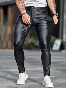 Men's Black Faux Leather Slim Pants, Casual Comfy Trouser, Casual Fitted Bottoms, Casual Skinny Pants, Fashionable and Unique, Easily Create a Trendy Look!