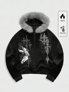 ROMWE MEN Men's Gothic Fluffy Angel Print Zip-Up Hoodie Sweatshirt, Autumn, Long Sleeve Top