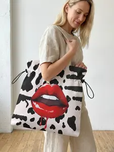Lips Pattern 2D Printed Drawstring Tote Bag, Cow Print Tote, Large Capacity Shopping Bag, Durable and Wear-Resistant, Casual Style for Work/promenade/lunch, Animal Tote Bag