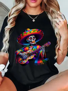 Graphic T-Shirt for Women, Vintage Funny Cinco de Mayo Skeleton Guitar Print, 100% Cotton Round Neck for Everyday Wear
