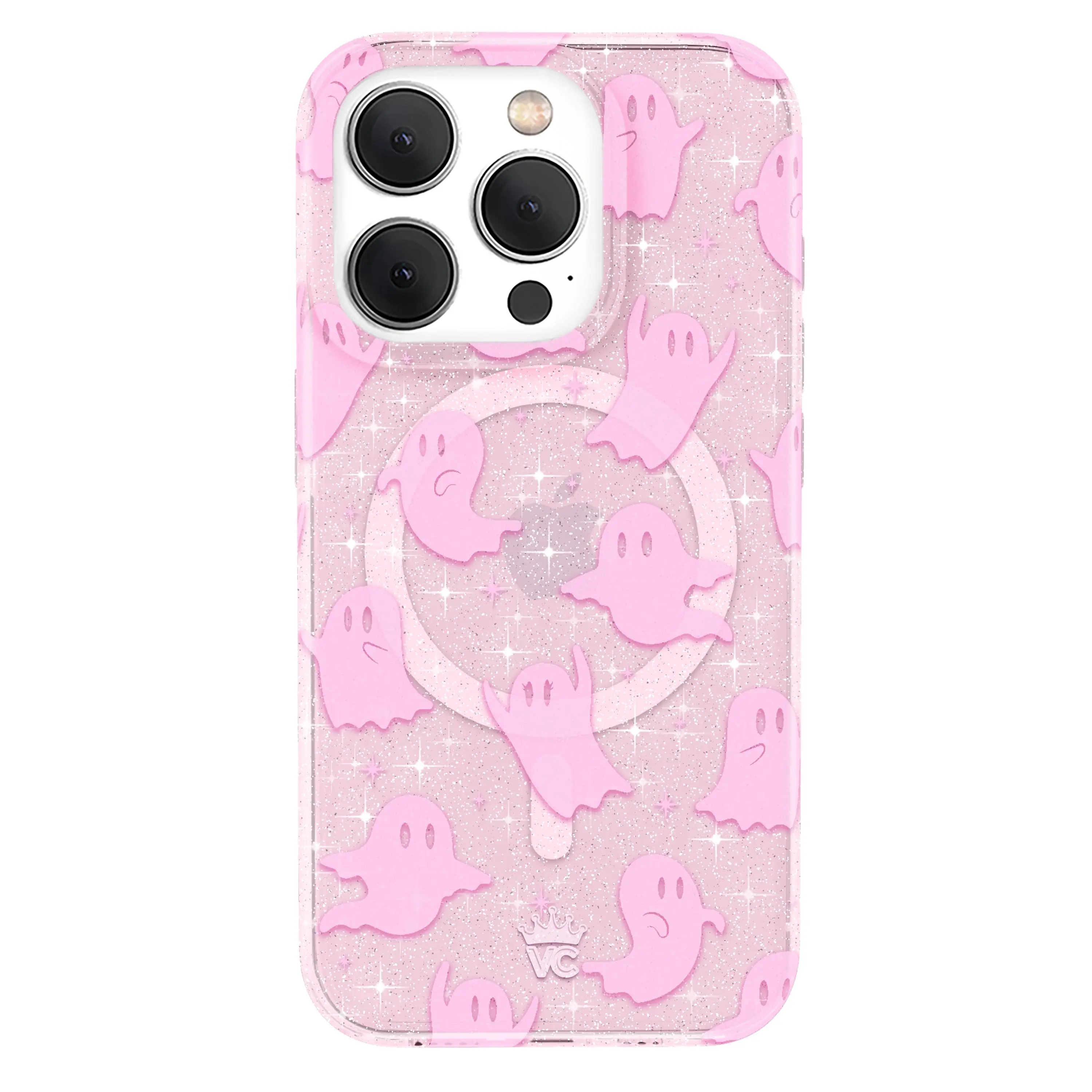 Velvet Caviar Ghosted Pink Glitter iPhone Case - Halloween Theme Smartphone/Cellphone/Handheld Devices Cover with Friendly Ghosts, Drop Protection