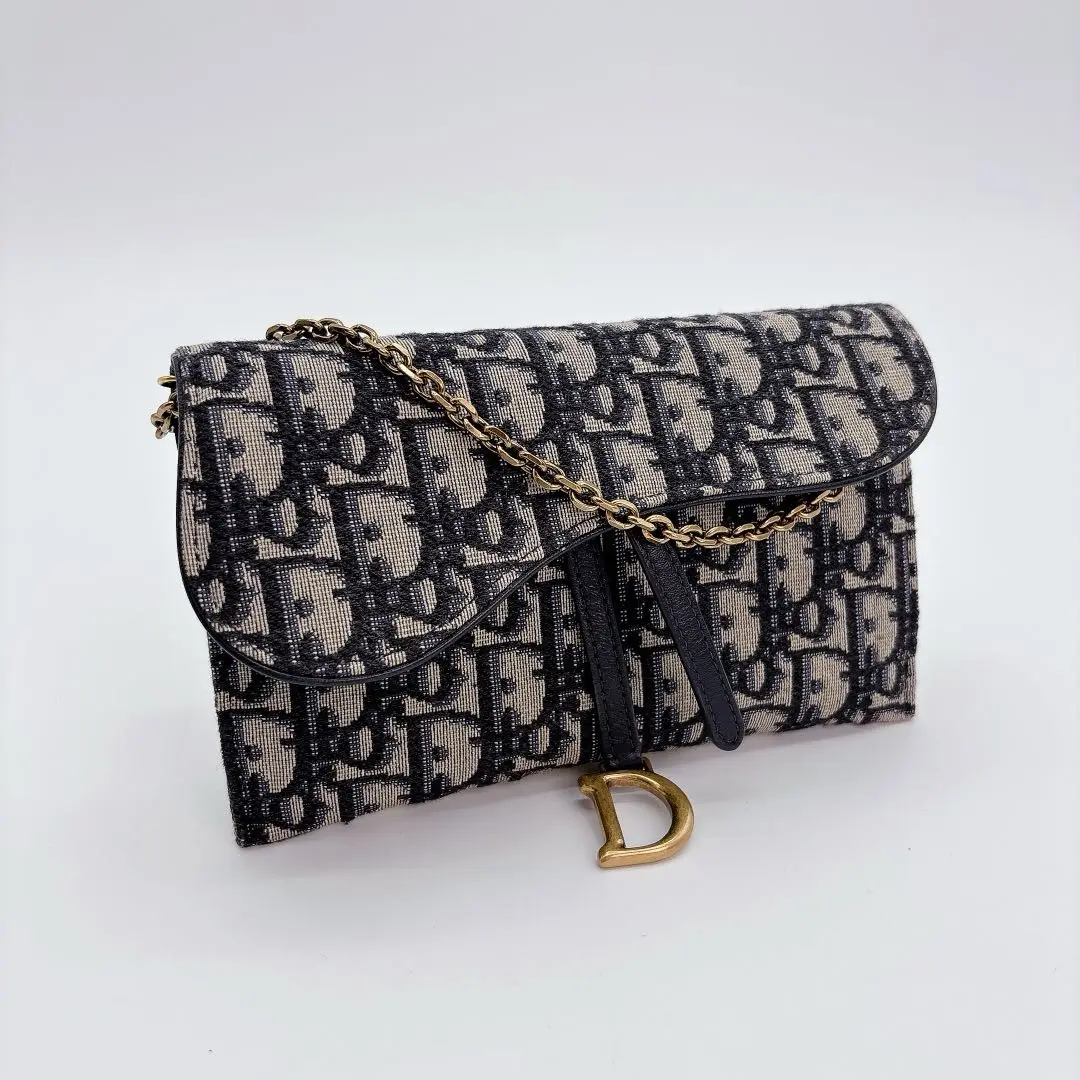 Pre-owned Dior canvas Crossbody Bags Christian Trotter Pattern Chain Wallet Shoulder Bag Saddle Long Wallet