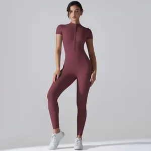 Soft High-Stretch bodysuit for all movements Zipper Solid-Color Short-Sleeve Bodysuit Athletic Fitness Running Jumpsuit Yoga Wear tight gym&daily wear workout Apparel for women Buttery soft one piece for effortless style