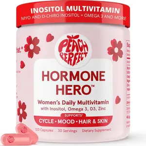 Peach Perfect Happy Hormones PCOS Multivitamin - Myo-Inositol & D-Chiro Inositol, Omega 3, Zinc, Vit D, 120 Capsules, Acne Support & Energy Supplement, GMO Free, Essential Vitamins & Minerals