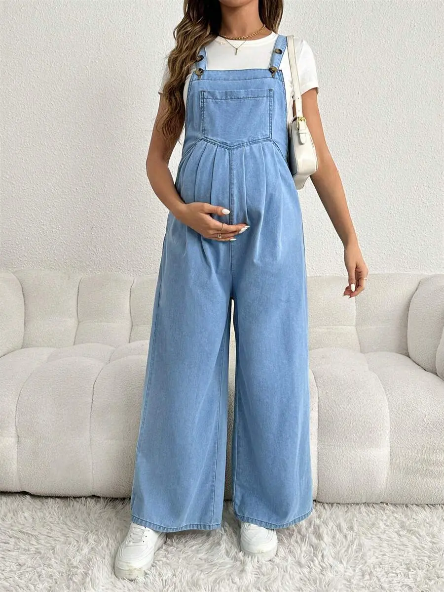AVENO Adjustable Strap Loose Fit Long Wide Leg Maternity Denim Overalls, Blue