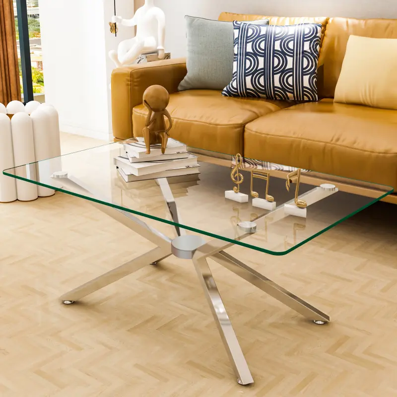 Modern Rectangular Tempered Glass Tabletop Coffee Table - Sliver Chrome Legs, Indoor Furniture for Living Room, Office