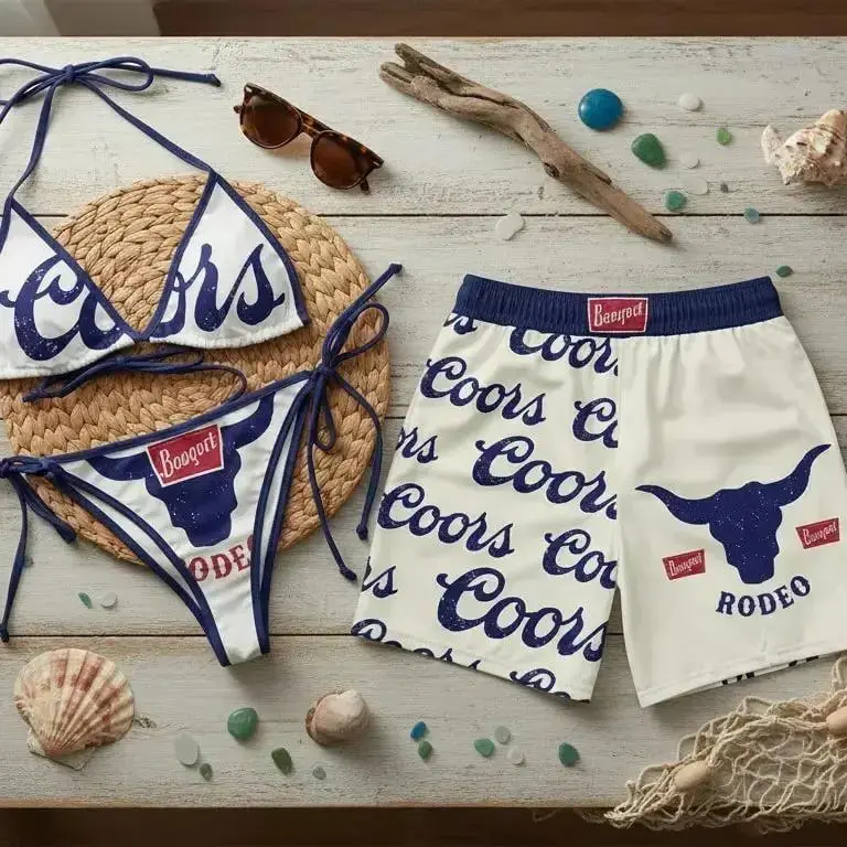 Coors Couples Swimwear Set, Matching Bikini & Men's Beach Shorts, Tropical Hawaiian Resort Swimwear, Summer Vacation Couple Beach Outfit, Matching Swimsuits Gift for Him and Her ️