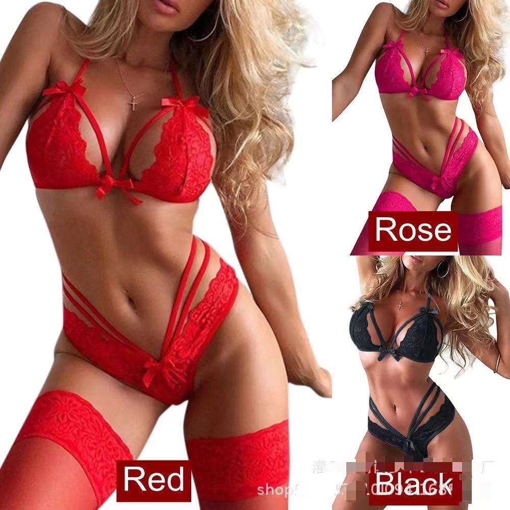 Dressing Hot Women's Sexy Lace Lingerie Set, 2 Piece Bra and Panty with Bow Detail, Strappy Open Cup Lingerie, Perfect for Date Night & Bold Looks