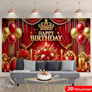 Red Gold Crown Balloon 2D Flat Printed Happy Birthday Tapestry Wall Hanging, Festive Backdrop Banner for Women's Birthday Party Photo Booth, Aesthetic Home Supplies for Room Decor, Ideal Gift decoration family