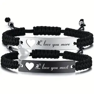 Romantic couple bracelet set; adjustable woven rope; engraved with "I love you more" and "I love you the most"; suitable as a Valentines Day gift.