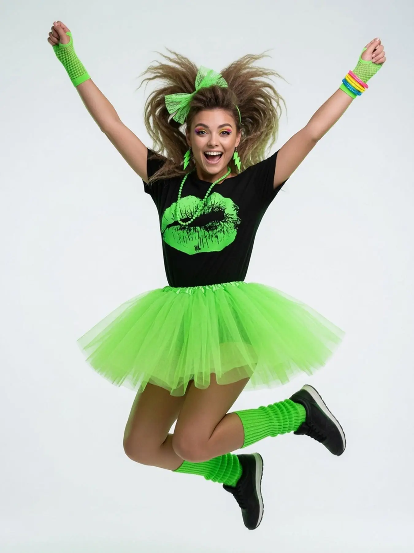 80s 90s Outfit, Women's Costume Set, 80s Women's Accessories with T-Shirt, Tutu Skirt, Headband, Earrings, Fanny Pack, Retro Neon Clothing Costume, Fancy Dress Costumes, Theme Party, Carnival, Costume for Parties