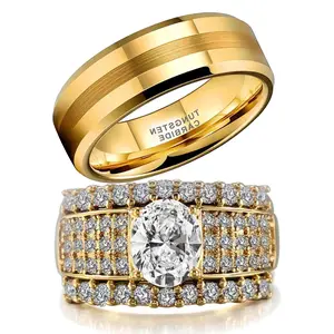 vowsering 1.5CT Oval CZ Wedding Ring Set for Women & Men Yellow Gold Plated Bridal Couple Rings Tungsten Ring Wedding Band