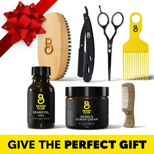 At-Home Barber Kit by Beard Club: The perfect Gift for Men including oil, cream, razor, scissors, brush, comb, pick