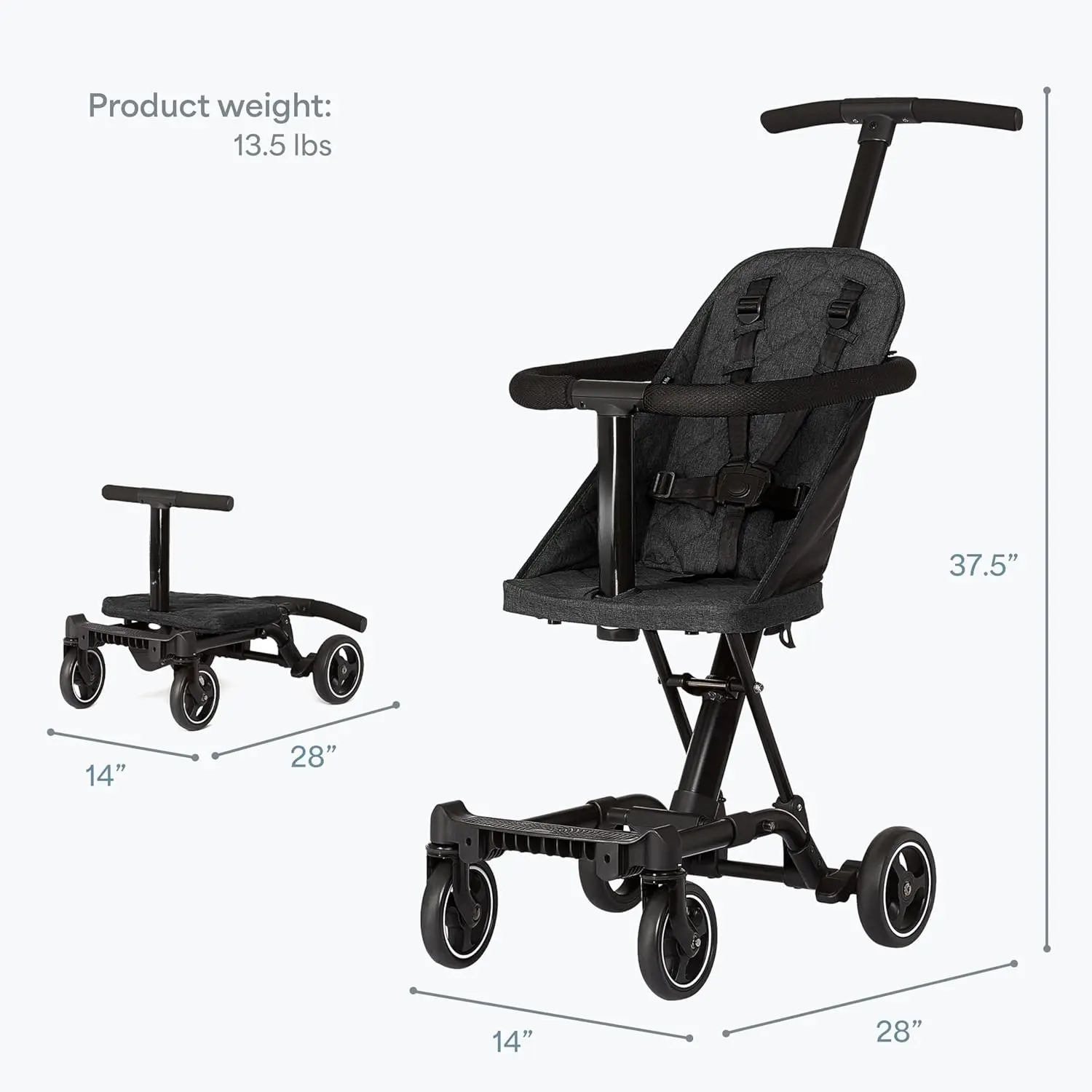 Convertible Baby Stroller, Light Weight & Compact Foldable Design, 2-in-1 Multi-Use for Travel, Converts to Kids Scooter with Soft Tires, Theme Park Approved - Plain Black, Travel Size, Unisex