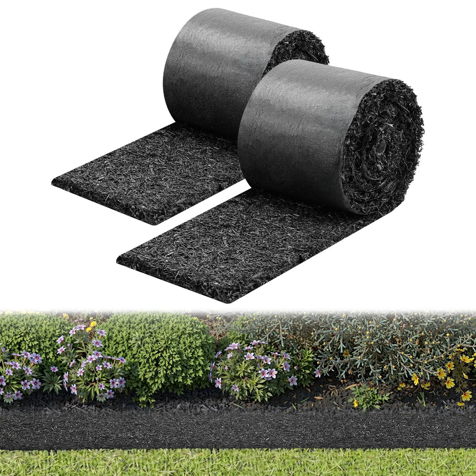 VEVOR 2-Pack 100% Recycled Rubber Fiber Mulch Roll, 140x5.5in/3560x140mm, 0.5in Thick Easy-to-Cut Weed-Blocking Garden Border with Stakes, Breathable Double Barrier with Excellent Drainage for Outdoor Landscaping Mud Prevention#BacktoSchool