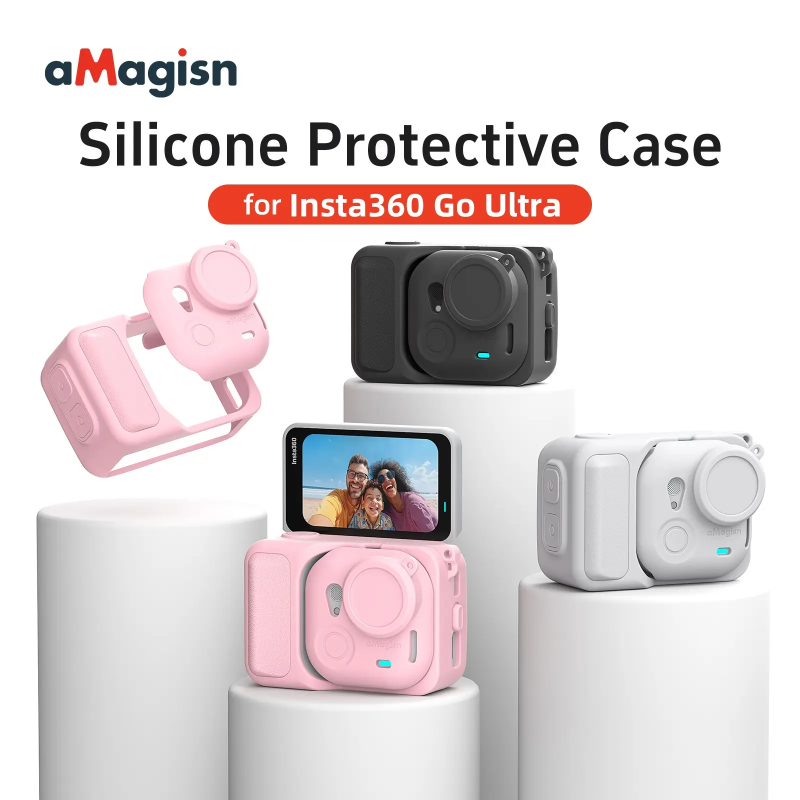 for Insta360 GO Ultra Silicone Cover Case Set, Sports camera accessories, with Lens Cap & Lanyard, Black/Pink/Grey, Outdoor Sports Travel Vlogging accessory, Camera Screen and Lens Protector, Full Protection, Lightweight Design