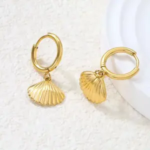 Gold Stainless Steel Hoop Earrings with Shell Charm Dangle Drop