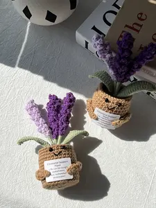 Positive Handmade Crocheted Fabric Compact Mini Lavender Flower Pot - Emotional Support, with Encouraging Card, Office, Home & Desk Decor Gift Decorative