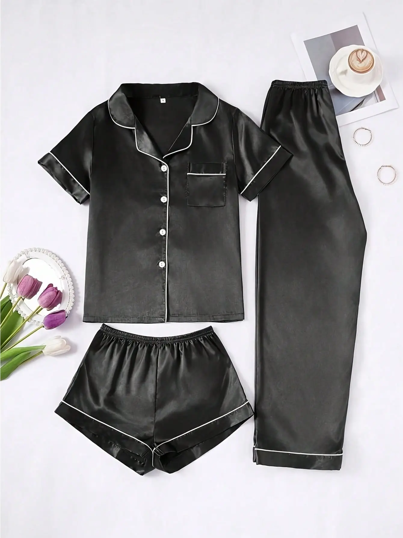 Women's 2-Piece Satin Pajama Set - Contrast Binding Lapel Short-Sleeve Button-Up Pocket Top & Elastic-Waist Long Trousers, Elegant Comfortable Style Lady Sleepwear for All Seasons, Loungewear, Shortsleeve