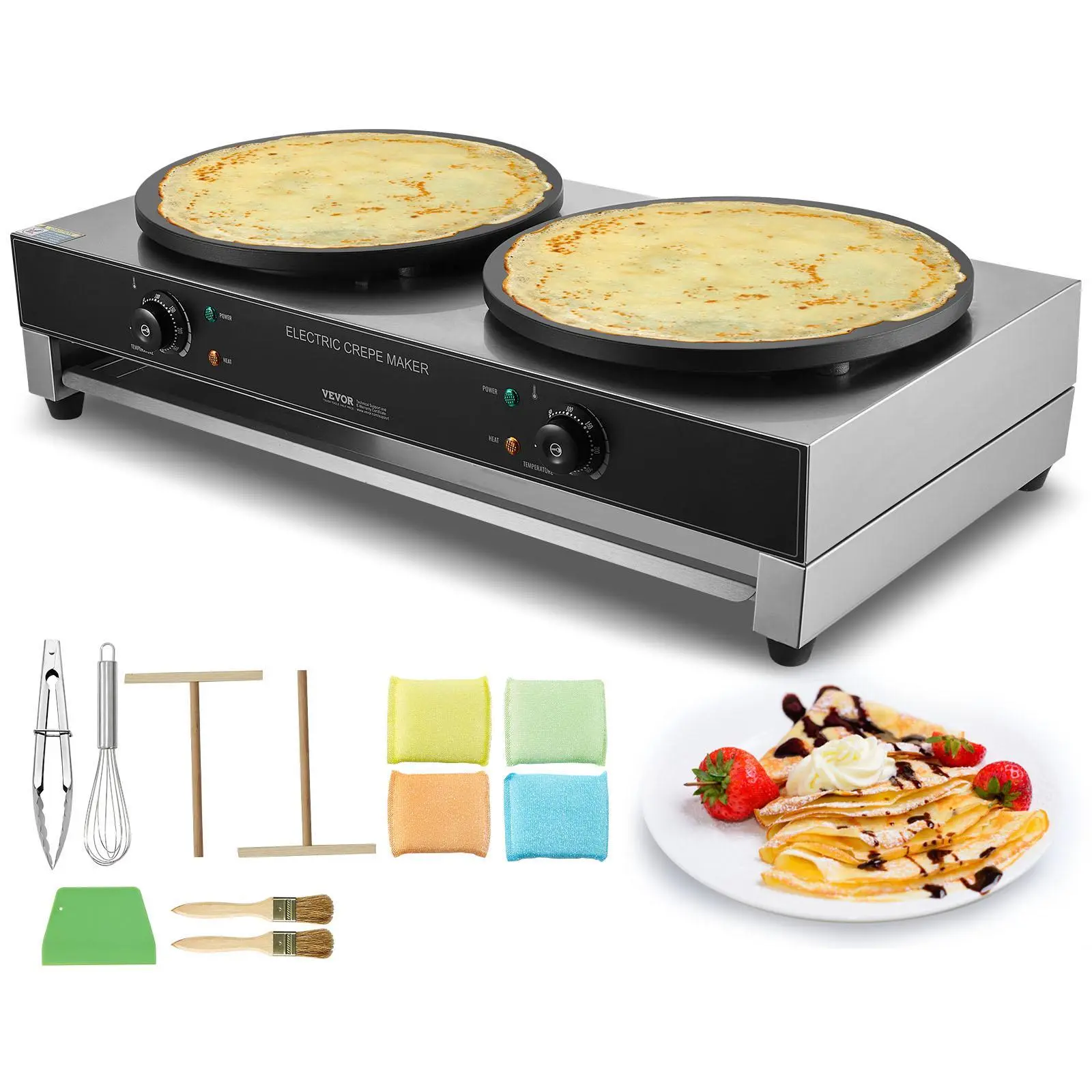 【Summerfinds】VEVOR Electric Crepe Maker,  , 16-Inch Double Head Commercial Crepe Machine, 3400W Flat Plate Crepe Griddle, Nonstick Stainless Steel Pancake Making, Desktop Circular Cereals Pancake Stove, Temp Control