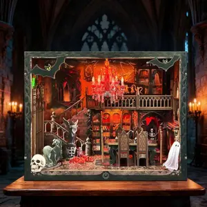 3D Wooden Miniature House Kit, Halloween Miniature Book Nook Shelf Kit, DIY Bookshelf Insert Decorative Model, Wooden Puzzle Bookend, Light-Up Model Toy Gift & Wooden House Kit for Adults 14+