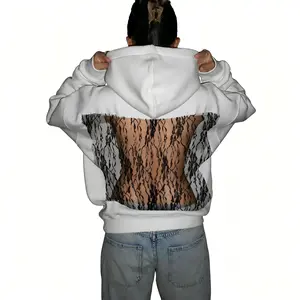 Women's Y2K Floral Embroidery Sheer Back Hoodie, Trendy Fashion Black See-Through Sweatshirt with Monaco Yacht Club Flag, Streetwear Aesthetic Casual Sports Outerwear (Pair with Lace Tank Top or Jeans) Fit Loose