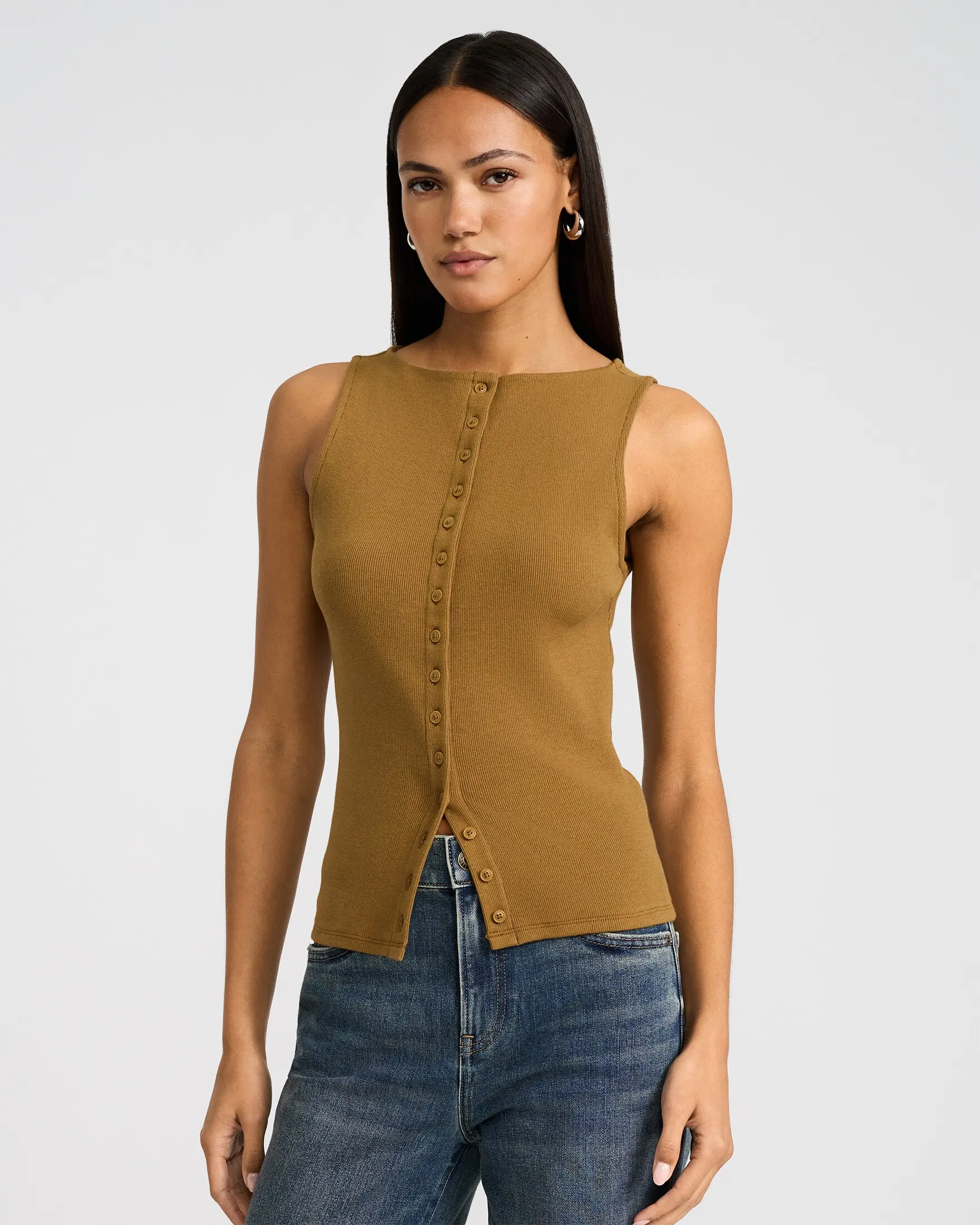 Express Ribbed Boat Neck Button Front Knit Tank