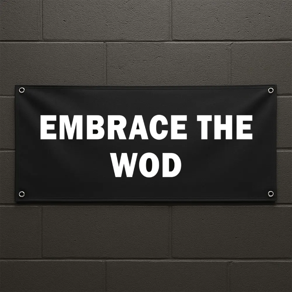 Embrace The WOD Vinyl Banner - Crossfit Gym Decor - Workout Banner for Home or Fitness Studio - 48x18 Vinyl with Grommets - Printlabz Flag Banner -PTT0007 Box Garage