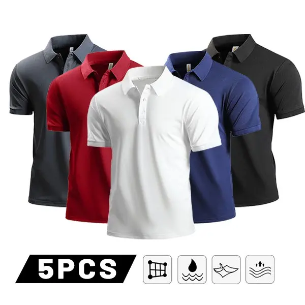 Men's 5-Pack Solid Color Short-Sleeve Polo Shirts - Clean, Refreshing, Stylish Dopamine Hues, Loose Non-Restrictive Fit, Classic Golf Style, Ideal for Everyday Outings & Weekend Leisure