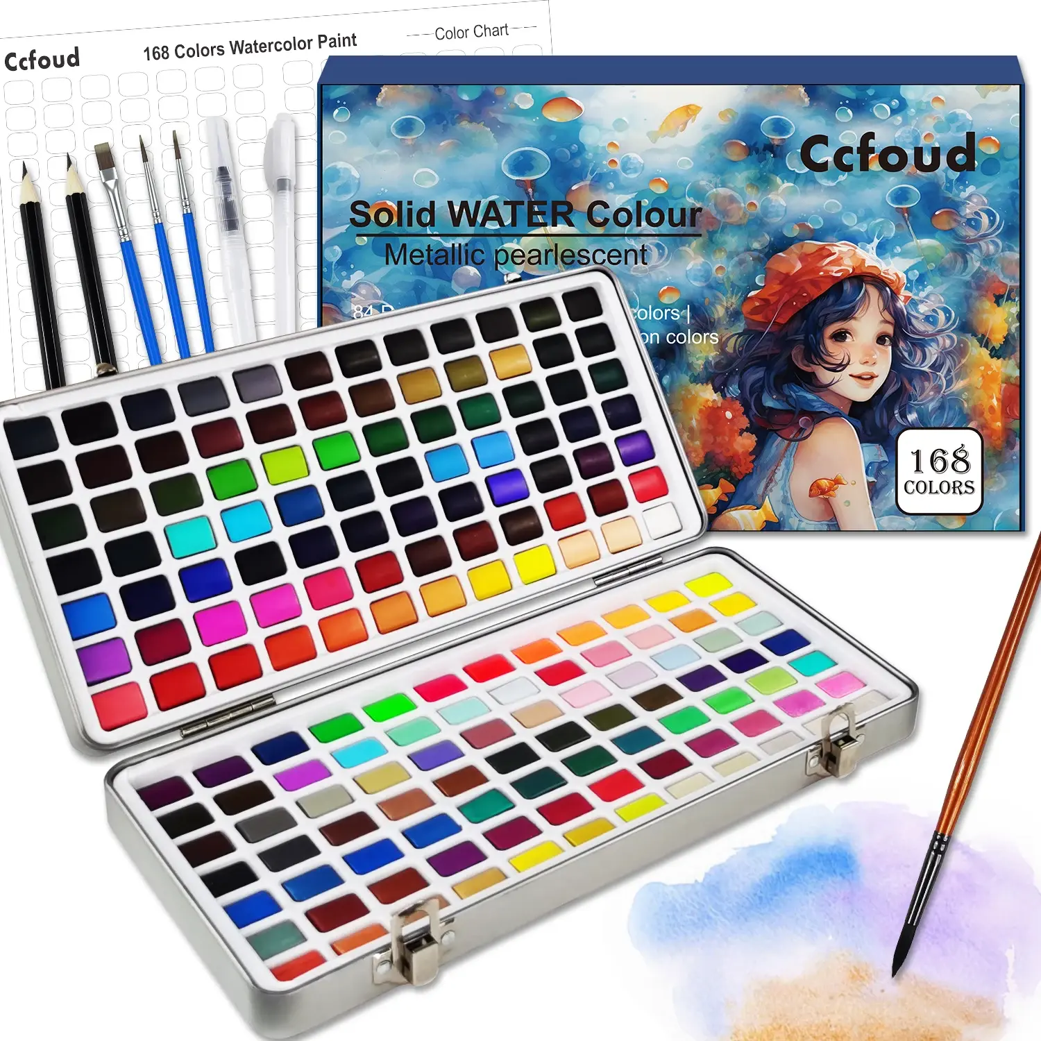 168 High Pigment Watercolor Painting Palettes with With Metallic Colors, Fluorescen Colors, Macaron Colors, for Artists, Painting Art Supplies for Adults Artists