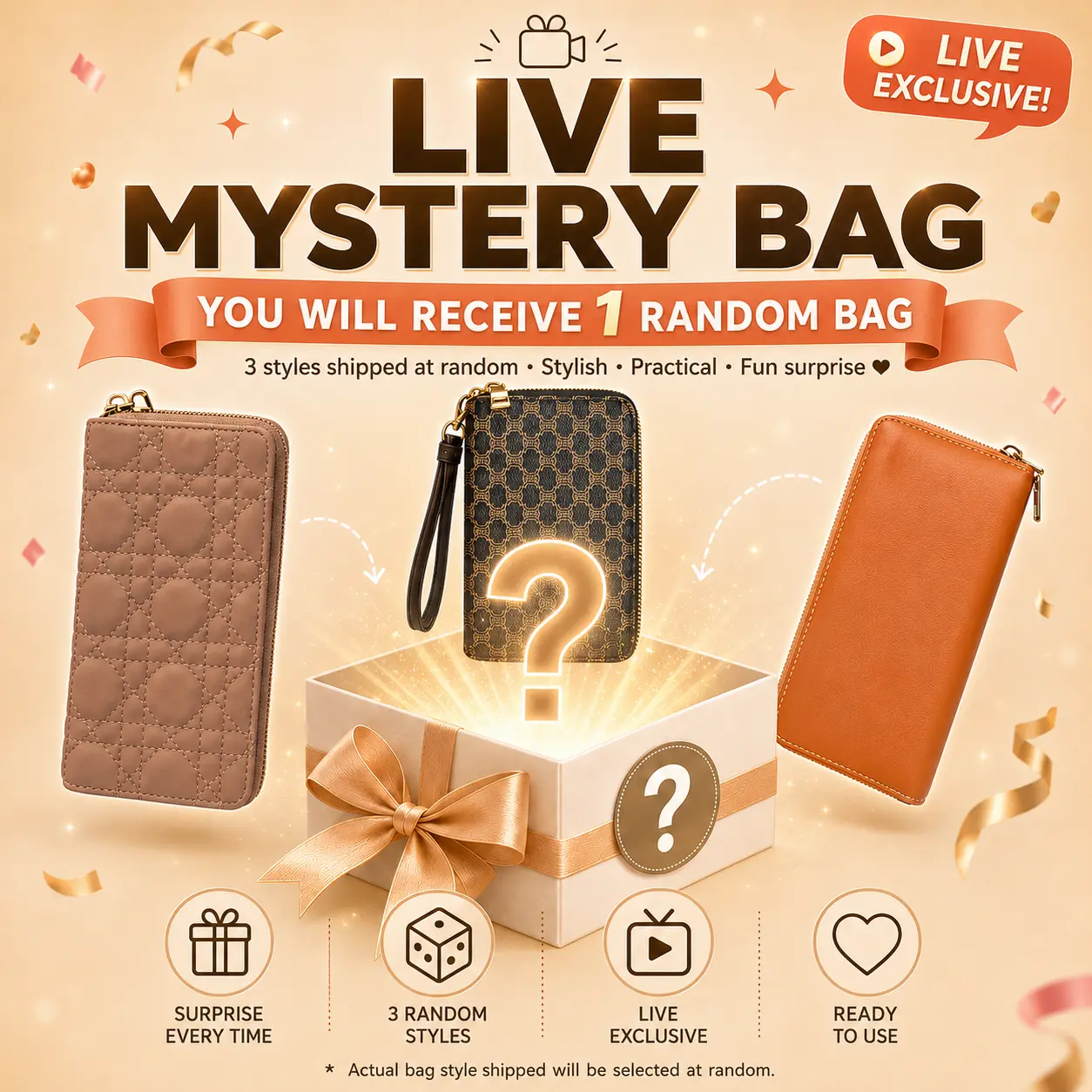 Women’s Mystery Wallet Random Giveaway Item, Everyday Long Shape Rectangular Zipper Zip-Around Clutch Purse, 1 Random Style Card Holder Organizer with 3 Assorted Designs
