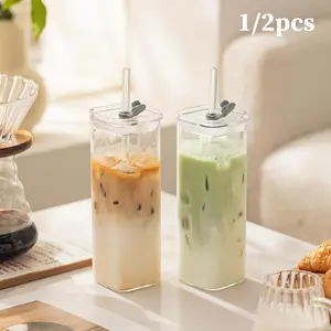 High Borosilicate Thin Glass Rectangular Mug, Glass Drinking Cup, Heat Resistant Clear Glass Cup with Lid & Straw, BPA Free Dishwasher Safe Leak Proof Reusable Drinkware for Hot Cold Coffee Tea Juice Home Office Travel Kitchen Essentials