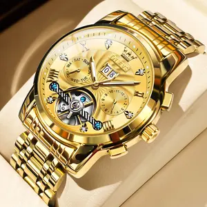 OLEVS Automatic Men's Watch Gold Skeleton Tourbillon 5 Hands Mechanical Classic Luxury Multi Calendar Stainless Steel Waterproof 41mm Case