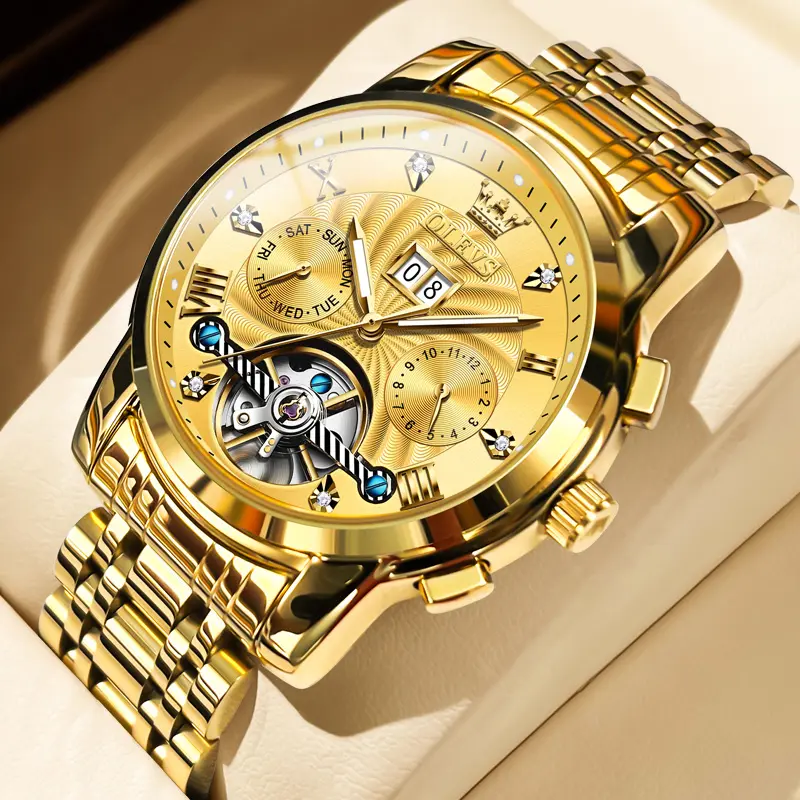 OLEVS Automatic Men's Watch Gold Skeleton Tourbillon 5 Hands Mechanical Classic Luxury Multi Calendar Stainless Steel Waterproof 41mm Case 9910