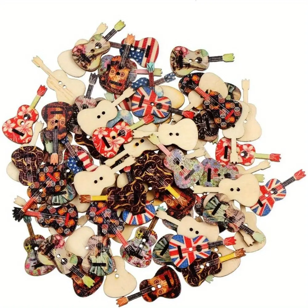 100pcs Vintage Style Guitar-Shape 2-Hole Printed Wooden Buttons, Retro Music Theme Sewing Accessories for Craft Sewing, DIY Decor, Scrapbooking