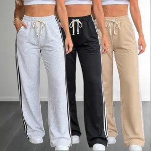 Women’s basic minimalist side-striped straight-leg casual athletic pants with elastic waistband and drawstring, 3-pack Womenswear Bottom Bridal