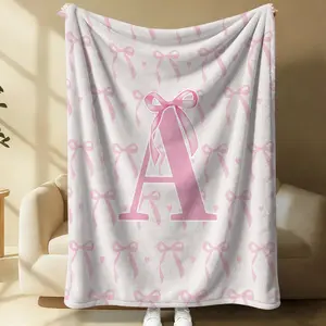 Pink Bow Letter Fleece Throw Blanket, A-Z Letters, Enlarged Pink Letters and 3D Bow Sofa Blanket, Bed Tail Blanket, Camping Travel Indoor Outdoor Use, French Style Girly Custom Initial Home Decor, Bowknot Design Blanket