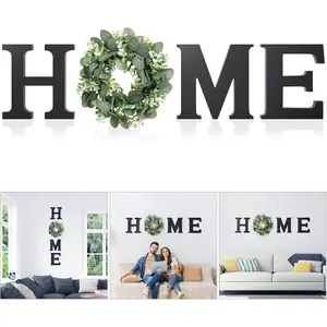 Letters with Wreath Wall Decor - Black 9.8L" x 9.3W" Wooden Home Sign Modern Farmhouse Decor Flower Garland Decoration for Entryway, Kitchen, Housewarming Present - Home Improvement.