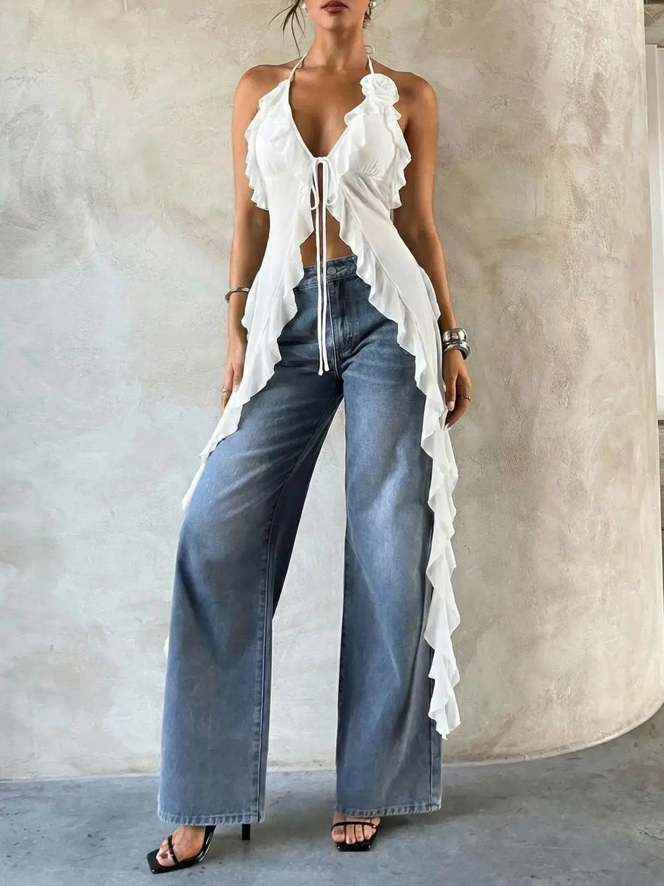 White Halter Neck Ruffle Tie Front Longline Women Top Deep V Sleeveless Open Asymmetric Hem Blouse Sexy Y2K Going Out Evening Party Date Night Festival Vacation Beach Cover Up Soft Flowy Fabric Chic Summer Top