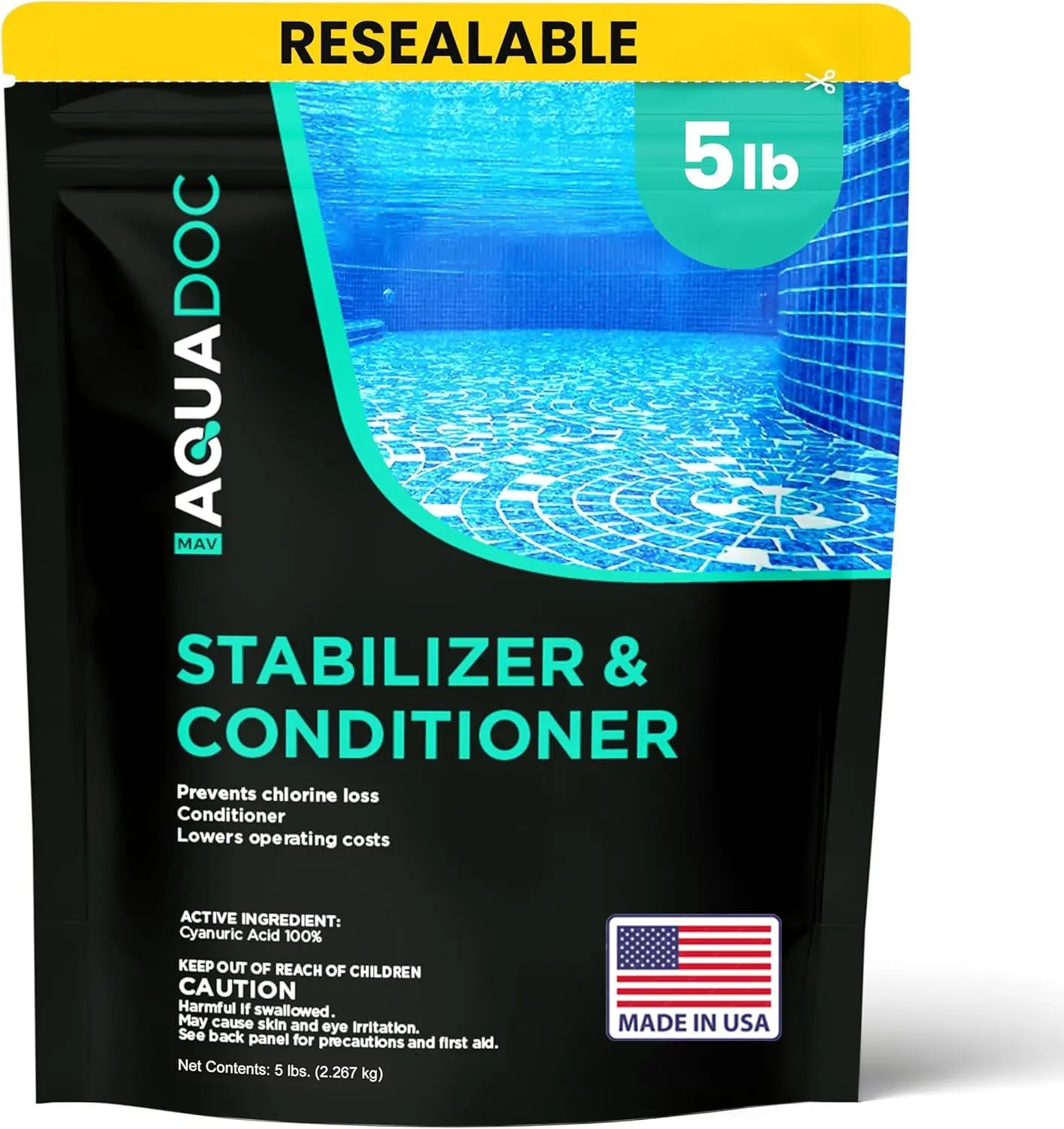 MAV AquaDoc Cyanuric Acid Stabilizer (5lb) - UV-Safe Chlorine Conditioner, Made in USA for Inground Pools, Saltwater Use, Pool Maintenance & Chlorine Loss Prevention, Maintains Clean Sanitized Water