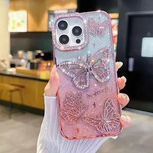 Butterfly Pattern Phone Case Protector, Rhinestone Decor Phone Protective Cover, Phone Accessories Compatible with iPhone 16 15 14 13 12 11 Pro Max Plus, Casing, Protection, Cellphone, Smartphone