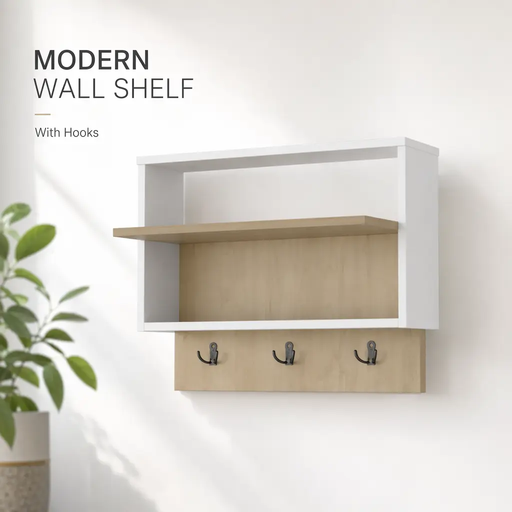 littleox Wall-Mounted Entryway and Coat Rack, Modern Floating Shelf with Hooks