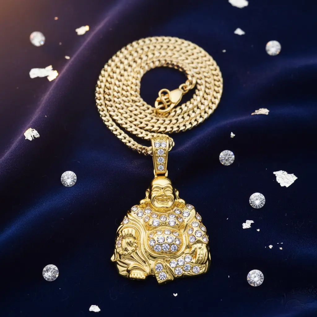 MaxBling81 Unisex Happy Buddha Pendant Necklace, Gold or Silver-Plated Brass with CZ, 4mm Cuban Chain, 18-24 Inch Spiritual Jewelry Gift, Fashionable Jewelry, Exquisite Jewelry