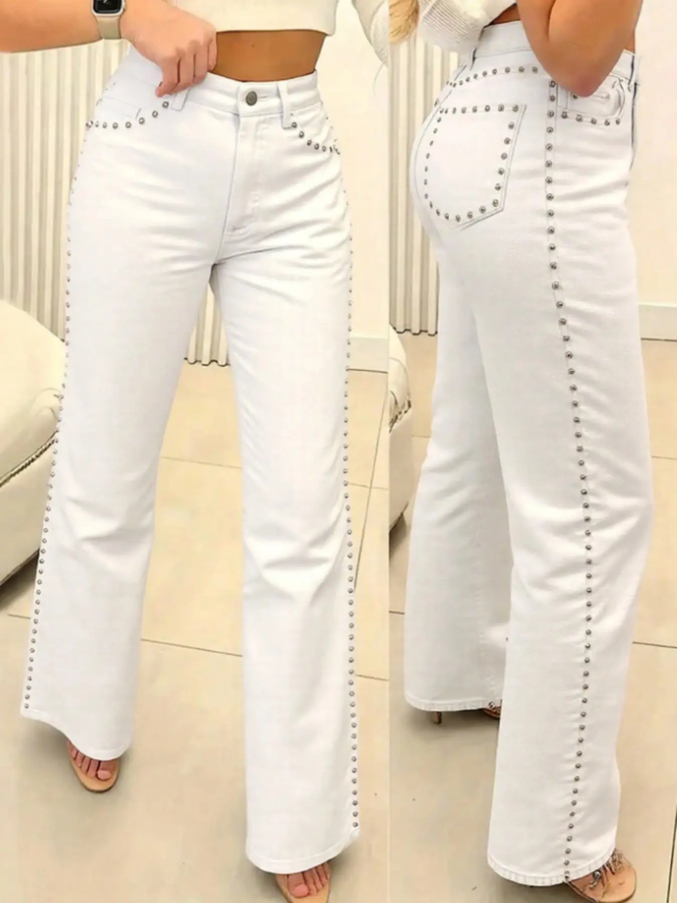 Women's Vintage Loose Straight Leg Jeans Pants, Pure Color Washed Front Rivet Design, Wide Leg Style, Casual Daily Wear Womenswear