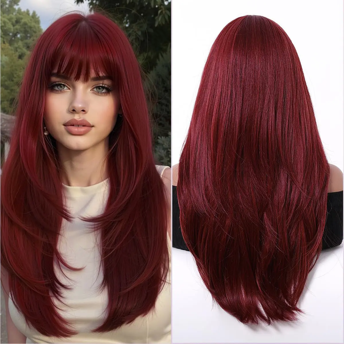 Wig with Bangs Long Straight Layered Wigs Natural Looking Synthetic Glueless Wigs for Women Daily Party Use (Reddish Brown，26 Inch)
