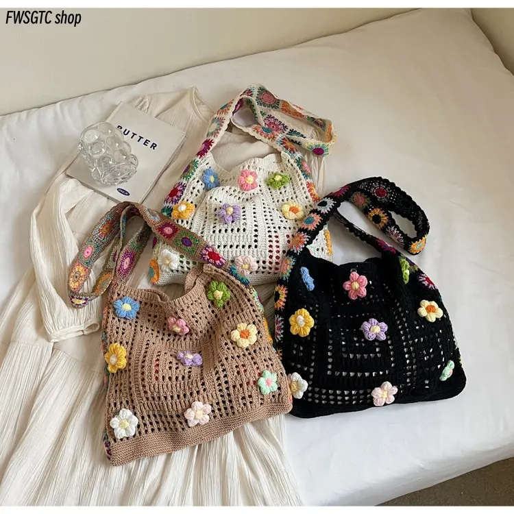 Women's Boho Knitted Crossbody & Shoulder Bag - Casual, Chic, Crochet Floral, Hippie, Delicate Hook Stitch, Large Capacity Beach-Themed Tote Purse for Summer Beach Trips & Daily Outings, Beach-Themed Women's Crossbody & Shoulder Bags, Crochet Floral Women