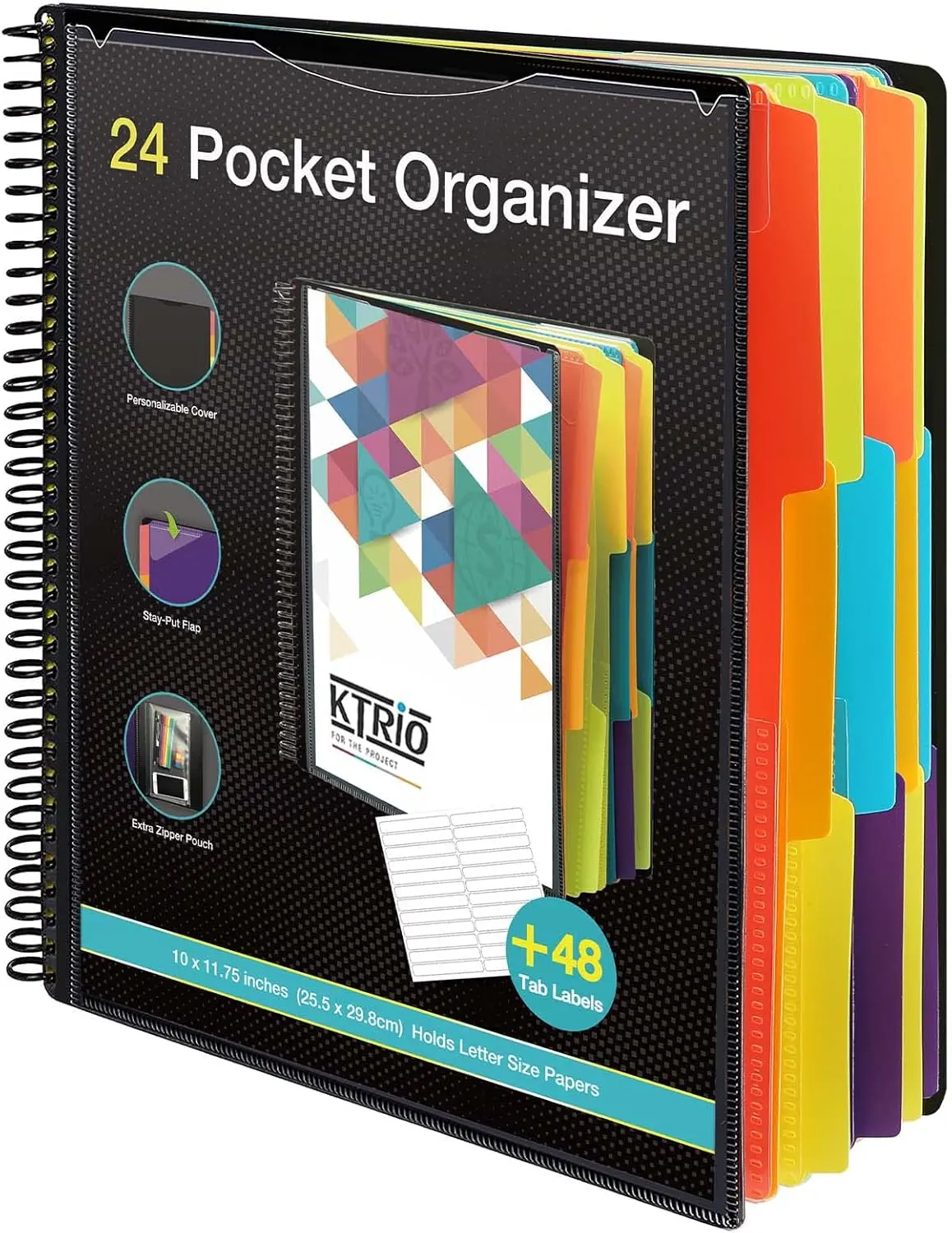 KTRIO New Polypropylene Project Organizer - Spiral Binder with 24 Separate Pockets, 6 Color Tabs Dividers, Adhesive Labels, Built-in Zip Pouch, Custom Cover, Letter Size Office/School Supply Enhances File Retrieval