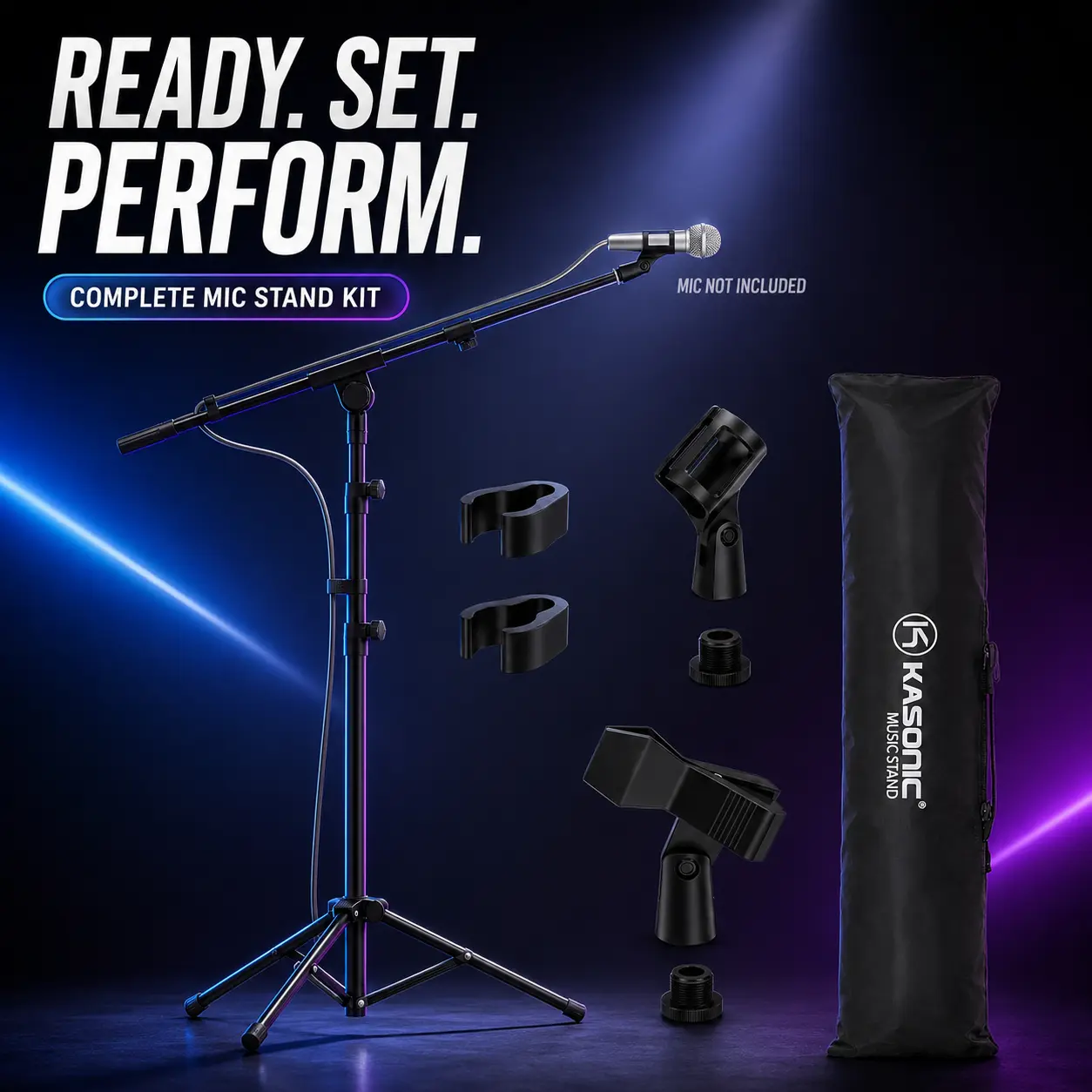 Mic Stand with Boom Arm, Adjustable Tripod Microphone Stand for Podcast, Karaoke & Recording – Portable Floor Stand with Carry Bag, K KASONIC